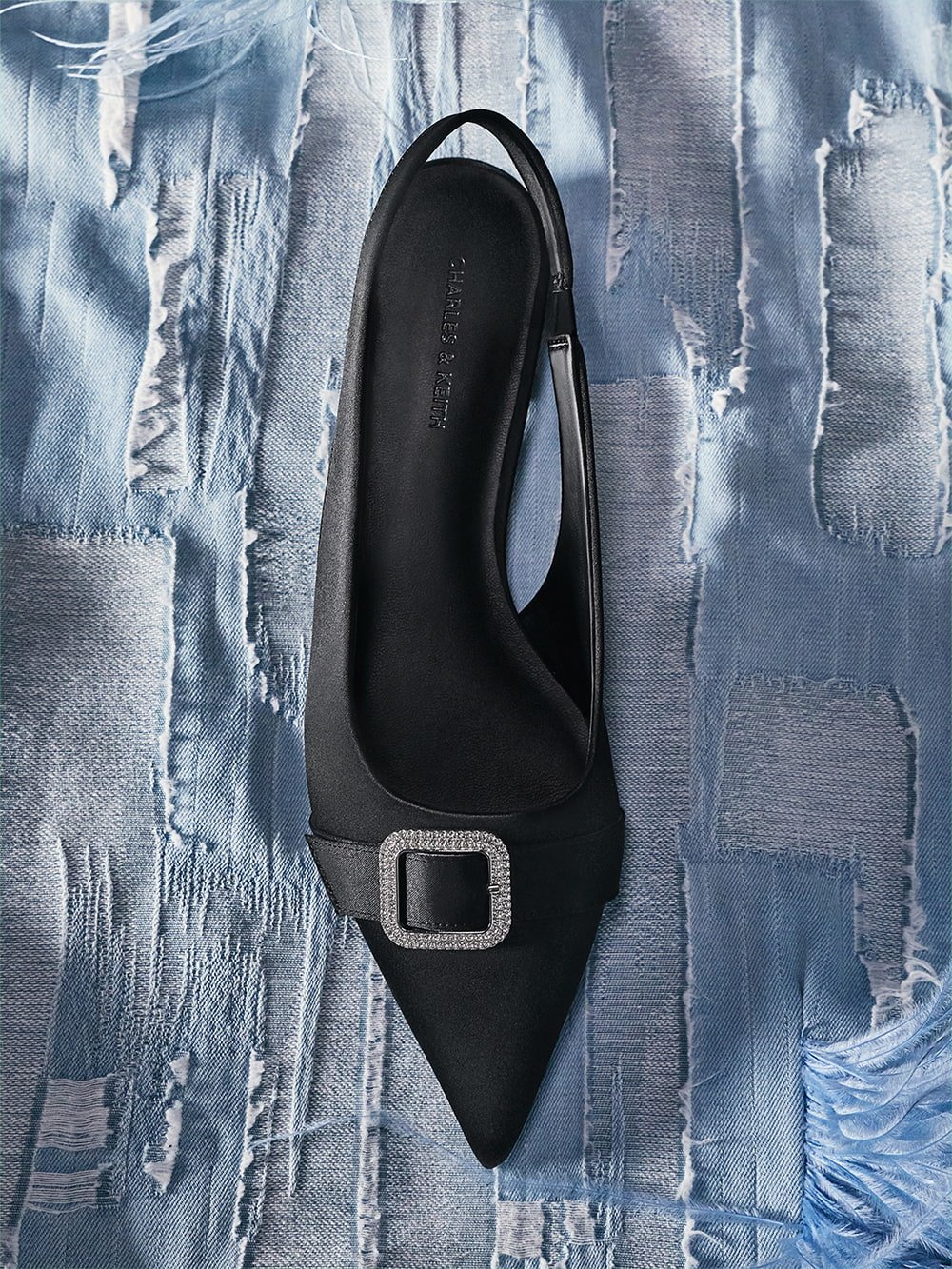 Black Textured Satin Crystal-Buckle Pointed-Toe Slingback Flats - CHARLES & KEITH